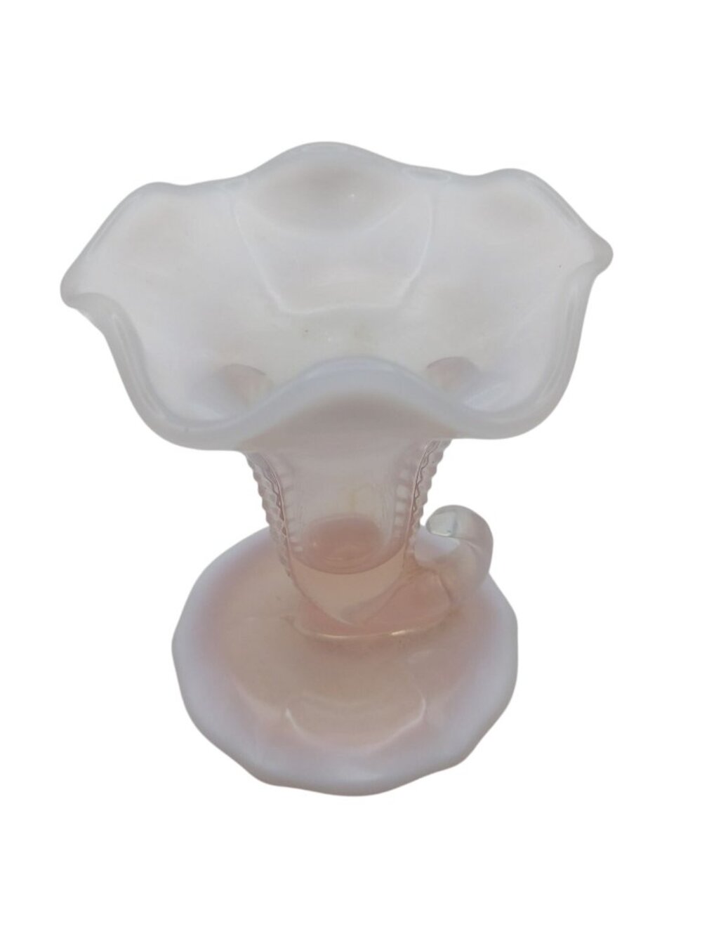 Duncan & Miller Glass Pink Opalescent Feather Cornucopia Vase Vintage 40s MCM